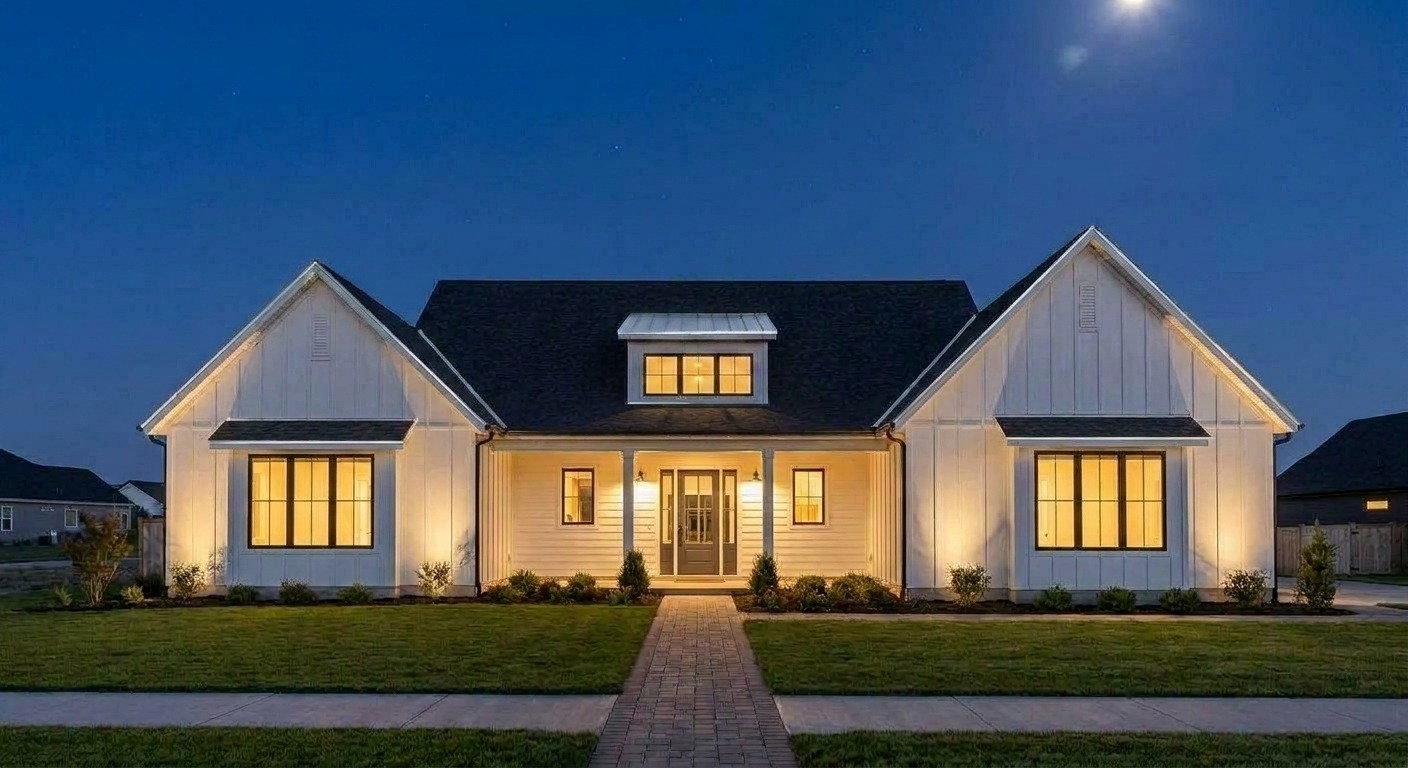 The finished roof with metal accents, photographed at night